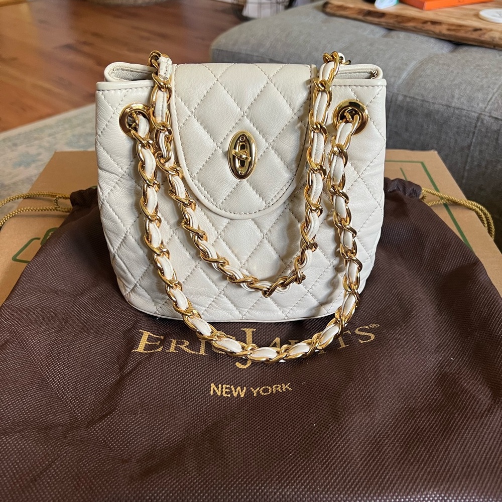 Eric Javits Quilted Ivory/Cream Leather Chain Bag